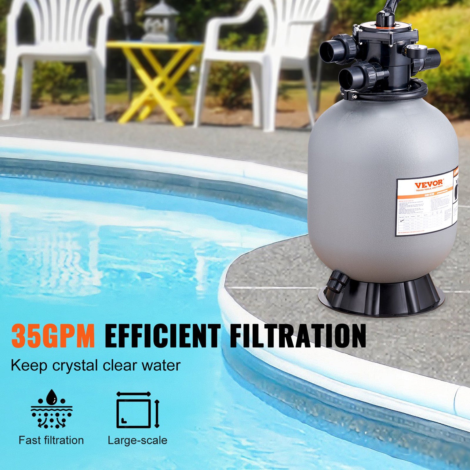 Sand Filter 406.4mm Up to 35GPM Above Ground Pool w/7-Way Multi-Port Valve