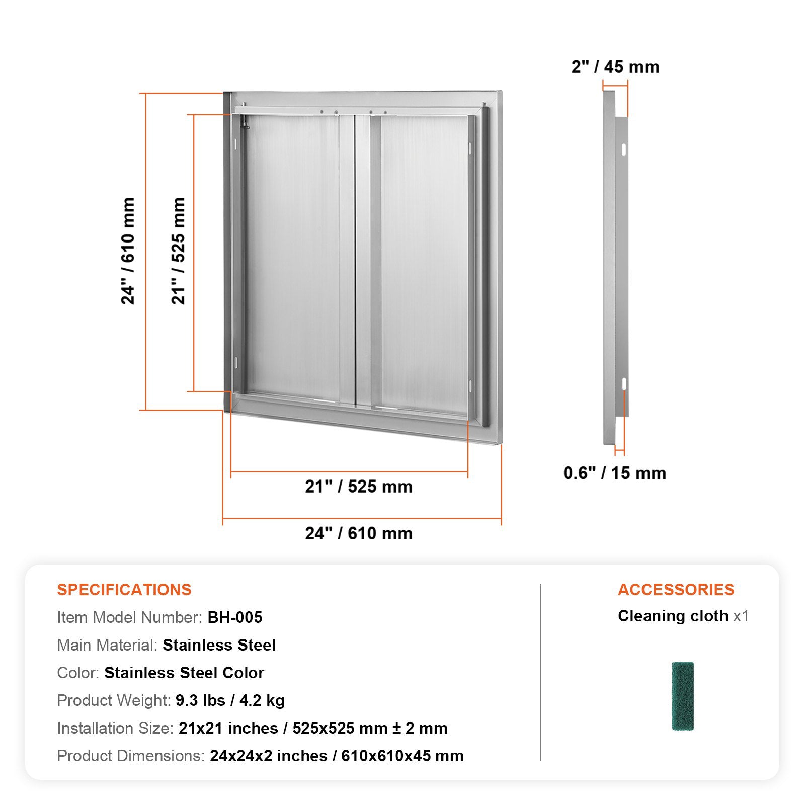 BBQ Access Door 610x610mm Double Stainless Steel Flush Mount Outdoor Door