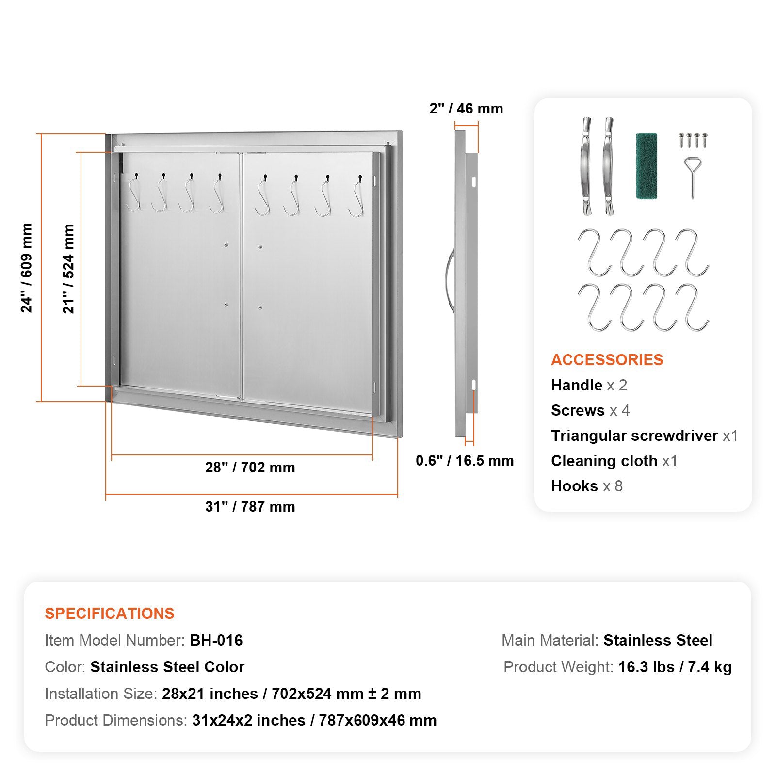 BBQ Access Door 787x609mm Stainless Steel Double Flush Mount with H&les & Hooks