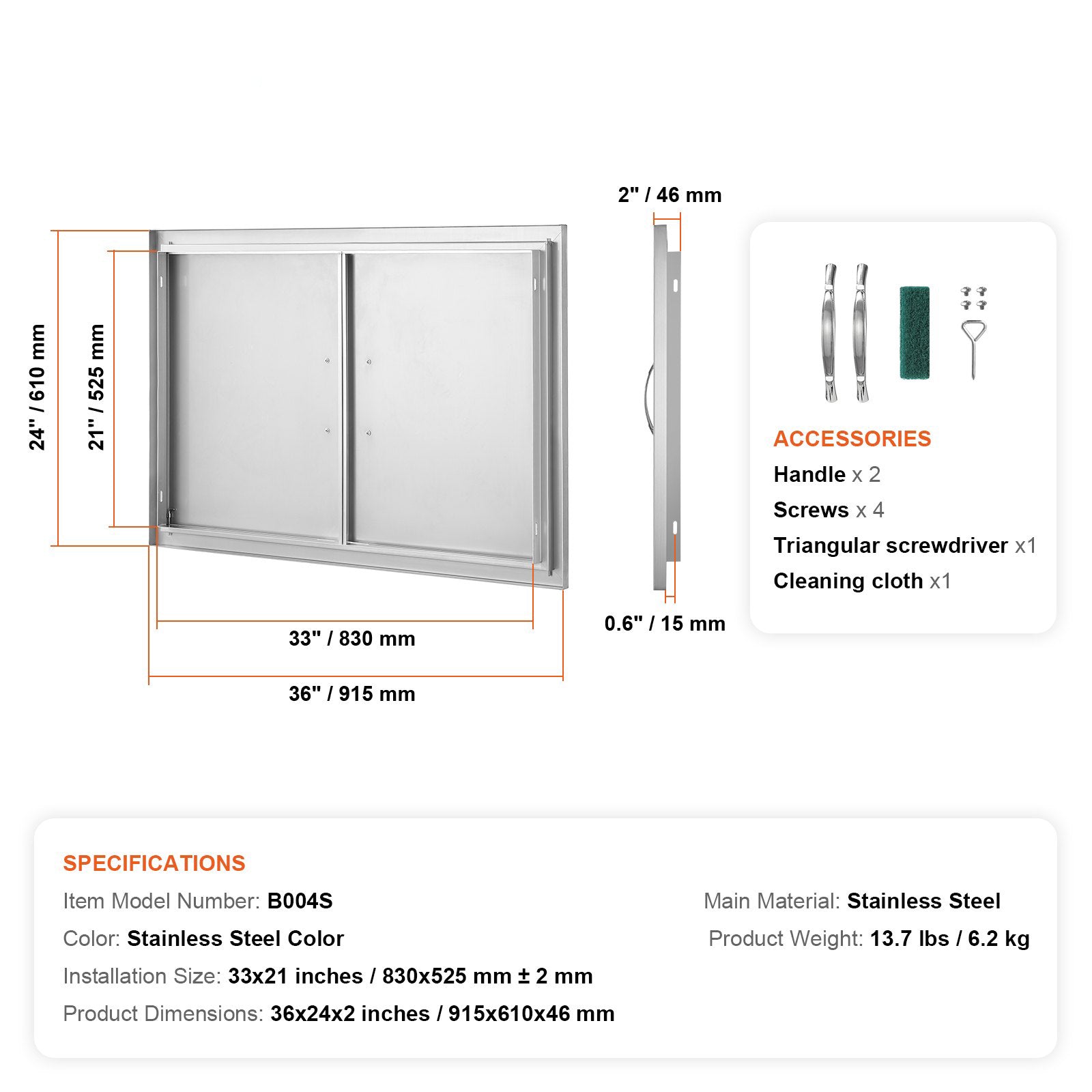 BBQ Access Door 915x610mm Stainless Steel Double Flush Mount for Outdoor Kitchen